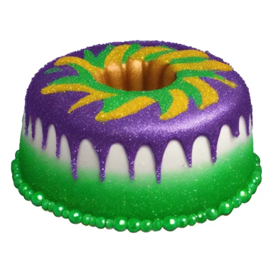 Realistic round bundt glitter icing king cake isolated with Mardi Gras beads layer across the top of the cake.  sticker