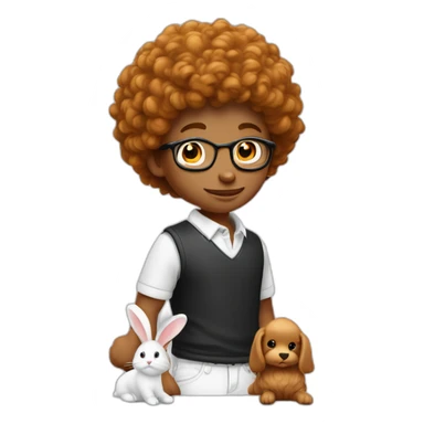 Garçon avec cheveux bouclé roux avec un lapin noir et blanc sticker