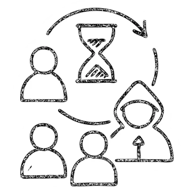 minimalist hand-drawn outlined icon of players and a game master collaborating, with a clock or hourglass representing a multi-day marathon, worn and distressed effect sticker