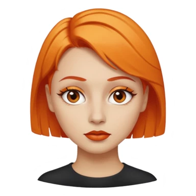 A person emoji with light skin, short orange hair swept to one side, matching orange eyebrows, brown eyes, an oval-shaped face, a small nose, and dark lipstick. sticker