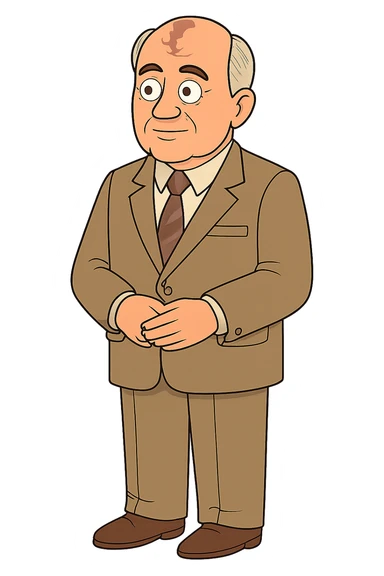 the full body of Soviet leader Mikhail Gorbachev looking calm and interested with his hands in in front of his body. He is wearing a 1980s light brown suit sticker