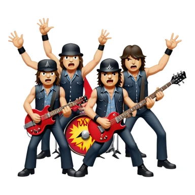 Cinematic Realistic AC/DC Band Emoji, depicted as a high-energy rock ensemble with electrifying stage presence and gritty textures, rendered with bold vibrant lighting that captures the raw power and rebellious spirit of their music. sticker