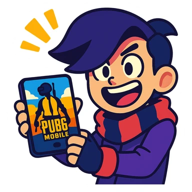 Edgar from Brawl Stars holding a phone with PUBG Mobile on the screen, excited expression, colorful, cartoon style sticker