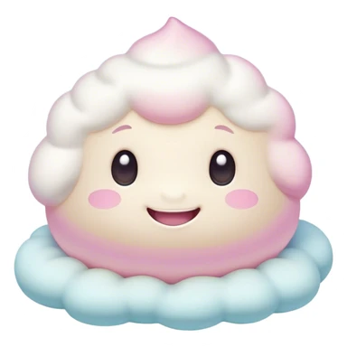 Cinematic fluffy pastel marshmallow character, soft round edges, tiny sparkly eyes, a small happy smile, glowing warmly, floating in a dreamy soft sky. sticker