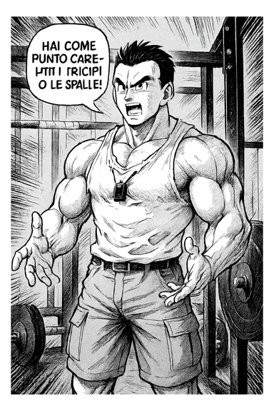 Personal trainer che dice al suo allievo, "hai come punto carente i tricipiti o le spalle!" Stile manga di Dragon Ball sticker