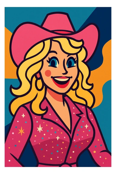 Dolly Parton wearing a pink cowgirl hat, sparkling outfit, cheerful expression sticker