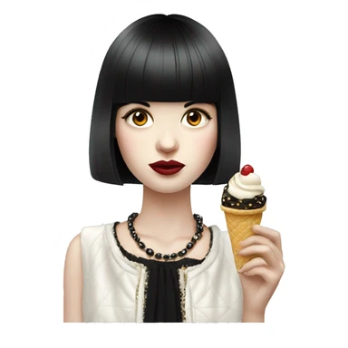 Portrait chanel clothes Girl pale skin with long black  bangs eating icecream  sticker