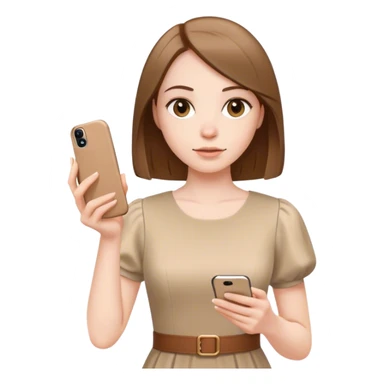 pale skin woman with brown Straightened bob Hair, beige dress holding white IPhone 15 pro in the hands sticker