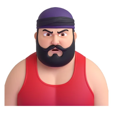 Close-up of extremely fat white skin guy with young face, prominent BLACK DURAG tied clearly on head, distinct black beard and mustache, no muscle, black eyes in a red and black wrestling singlet with angry face sticker