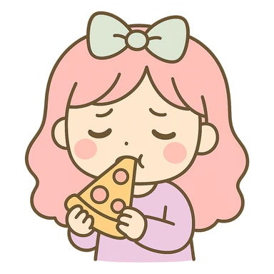 Make the girl eat pizza and look like she is not enjoying it, same kawaii chibi anime style, flat pastel colors, thick outlines, simple cute features, transparent background. sticker