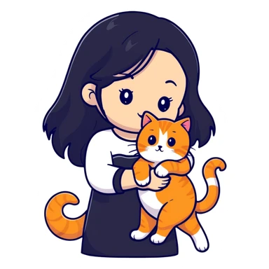 beautiful girl with elegant long black hair holding a cute ginger cat sticker