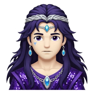 Boreas, God of North Wind from Gods and Goddesses with long black shaggy hair, dark purple sequin outfit sticker
