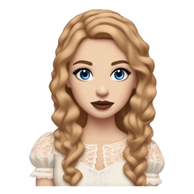 White girl with shoulder length straight hair a mix between dark ginger and dark blonde. Blue eyes long eyelashes rose cheeks and nude lipstick and bold eyeliner. Wearing frilly blouse with exaggerated puff sleeves and lace sticker