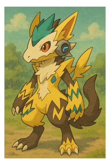 Sergal-Protogen-Trico-Renamon-Lombax-Zeraora-Vernid-fusion-hybrid-creature, drawn in a Pokémon/Digimon style sticker