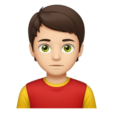 A portrait of a 14-year-old boy, he's got dark-brown hair, luight brownish skin and green hazel eyes. he's wearing a red t-sirt with yellow sleeves. sticker