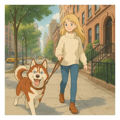 Cute Blonde woman wearing a sweater walking a happy red-brown blue-eyed Siberian husky in New York City on an upper east side city sidewalk  sticker