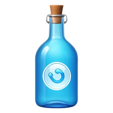 a neon blue motion tiled to the left with a round glass bottle no handle sticker