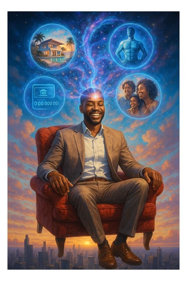 Un uomo sorridente e radioso, in abito elegante ma rilassato, seduto su una poltrona di velluto rosso fluttuante nel cielo sopra una città moderna. Dal suo terzo occhio (sulla fronte) si sprigiona un ologramma cosmico che mostra le sue visualizzazioni: una villa sul mare, un conto bancario con cifre infinite, un corpo atletico e persone felici intorno a lui sticker