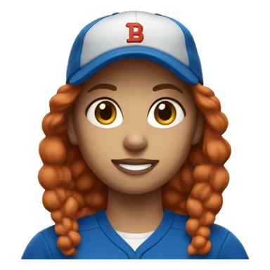 female coach with red hair in blue shirt and with a blue baseball hat sticker