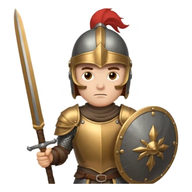 An emoji of the Roman god Mars. He is a warrior with a helmet and armor, holding a sword and shield, with a fierce expression. sticker
