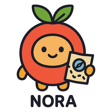 cute nutrition guide named Nora, round icon character, fruit or vegetable motif, smiling, holding tiny map or compass sticker