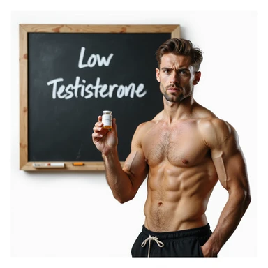 athlete taking oral steroids in front of blackboard with text 'Low Testosterone', worried expression, realistic details, isolated on white background sticker