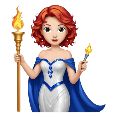 Torch Lady from Film Studios with red wavy hair, white sequin gown, royal blue sequin drape, holding torch sticker