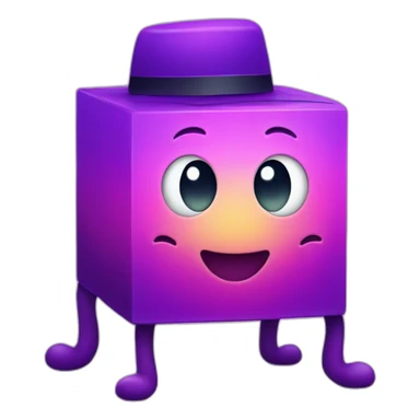 purple gradient smiling cube with 2 long hands and 2 long legs with a hat sticker