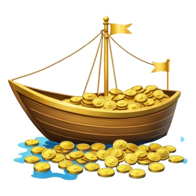 emoji of gold coins on the boat in the sea sticker