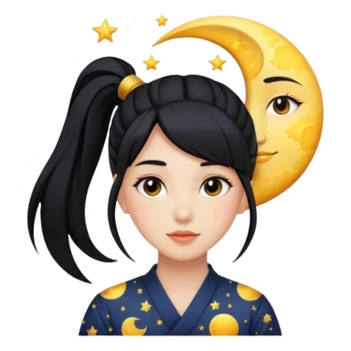 girl with black ponytail, sun, moon, star sticker