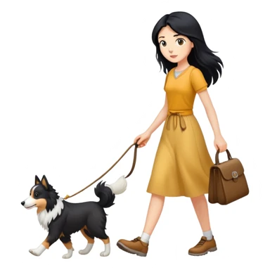 A girl with long black hair walking a collie sticker