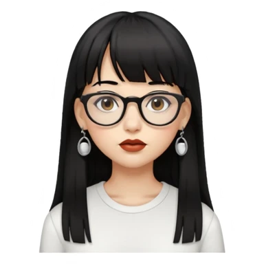 uma mulher snapchat icon, cor da pele normal, cabelo preto liso grande, solto grande com franja vegana, franja inteira curta, óculos pretos, com piercing na boca e nariz, olhos castanhos, camisa branca, a tela de fundo branca, coloque um brinco na boca e no nariz sticker