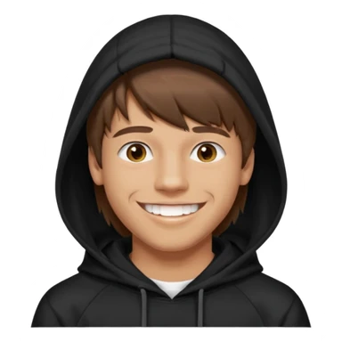 20 yr old man, brown hair, straight, big smile, white teeth, tanned skin, bangs, black hooded sweatshirt, long hair in back, middle parted bangs sticker