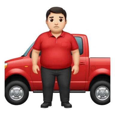 Fat guy with dark hair jacking up a truck while sweaty in a red polo and black pants sticker