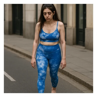 A slender woman in 4K, walking slowly down the street, with curved shoulders, dragging steps, an empty expression, and bags under her eyes, inspired by the reference photo. sticker