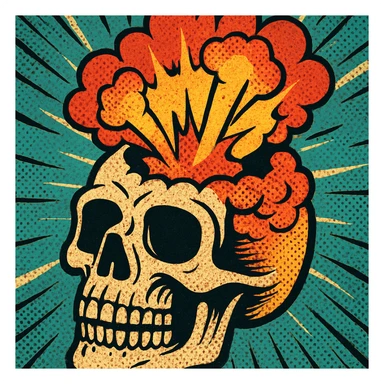 a skull with the head exploding upward, vibrant colors, comic book style sticker