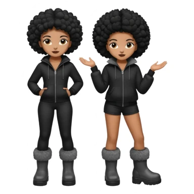 A brown skin girl that has a slim and thick body with black hair into two Afro puffs   and wears all black outfit with grey furry boots  sticker