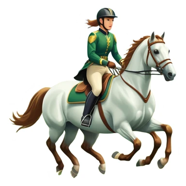 An icon featuring a horse and rider galloping gracefully over a lush green field. The rider is in full gear, guiding the horse with precision. The background shows rolling hills, a clear blue sky, and vibrant sunlight illuminating the scene. Transparent background highlights the elegance sticker