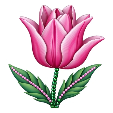 french beaded pink tulip flower with 2 leaves, handmade with glass beads, no background sticker