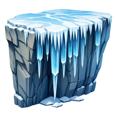 A stunning winter scene showing long, sharp icicles hanging from a frozen cliff or ledge, glistening in bright daylight. The surface is covered in snow and ice, with a cold blue and white color palette, highly detailed, realistic lighting, and frosty atmosphere. sticker