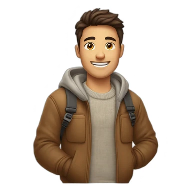 jeune homme brun grand souriant avec une caméra et un pull en main sticker