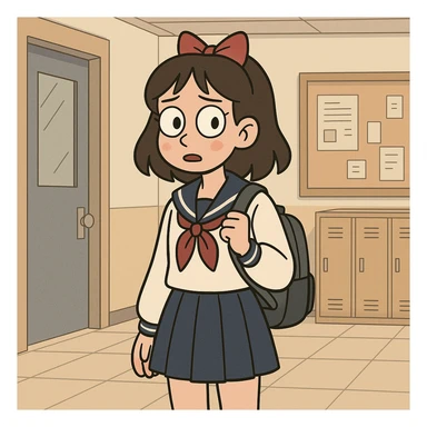 anime school girl in school setting, flat toon style sticker