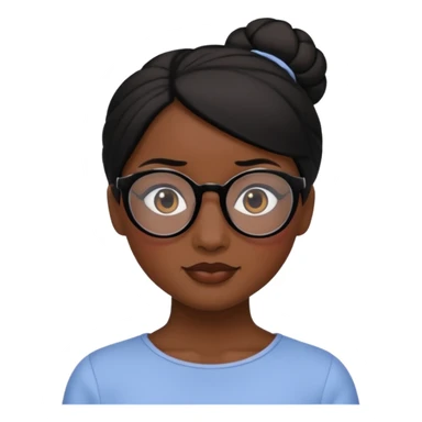 A woman with dark skin, black hair in a neat bun, black glasses, and an oval face with soft features. sticker