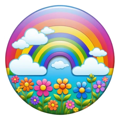 A round psychedelic colored button with a bezeled rainbow and colored hippie style flowers sticker