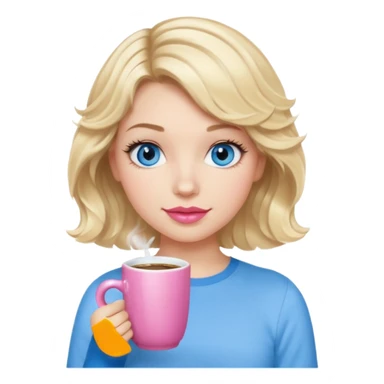 Girl Blonde short wavy hair,  blue eyes, cute blue top, long lashes, pink lips, holding hot white coffee mug sticker