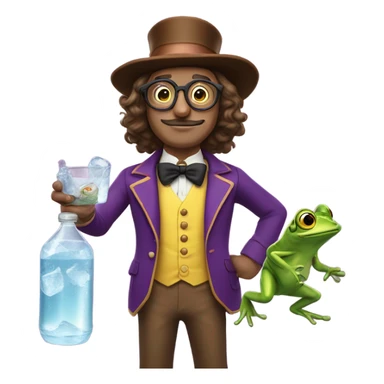 Willy Wonka with long brown hair and he’s yellow Trippin with glasses on a mustache and he’s holding a frog and a seltzer sticker