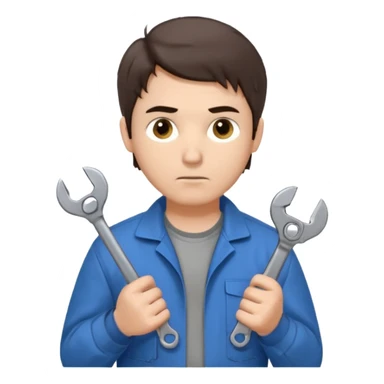 Calm and independent male technician, fair skin, short tousled dark brown hair, cool gray eyes, serious but composed expression, wearing a blue work jacket over a grey t-shirt, holding a wrench in one hand and a mechanical gear in the other, waist-up, front-facing sticker