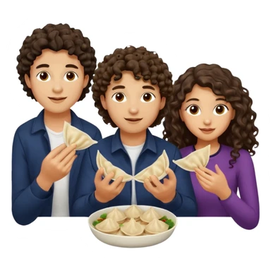 Can you create an emoji of three 23 year olds eating dumplings. One boy with wavy curly hair one Jewish girl with long dark brown curly hair and one half Indian / half white girl with mid length dark brown hair. All brown eyes sticker