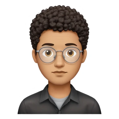 Man with oval-shaped face, large oval metallic glasses, dark curly short hair with high fade, light brown complexion, gentle expression, black button-up shirt sticker