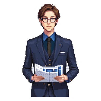Flat pixel art, focused and reserved male architect, American, Caucasian features, short sleek brown hair, wearing glasses, wearing a deep indigo suit jacket over a black shirt, holding a blue print, waist-up, front-facing sticker